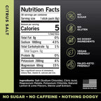 Nutrition facts label and ingredient list for LMNT Citrus Salt Electrolyte Mix - 30 Sticks by LMNT highlighting keto-friendly, vegan, gluten-free, and no sugar claims.