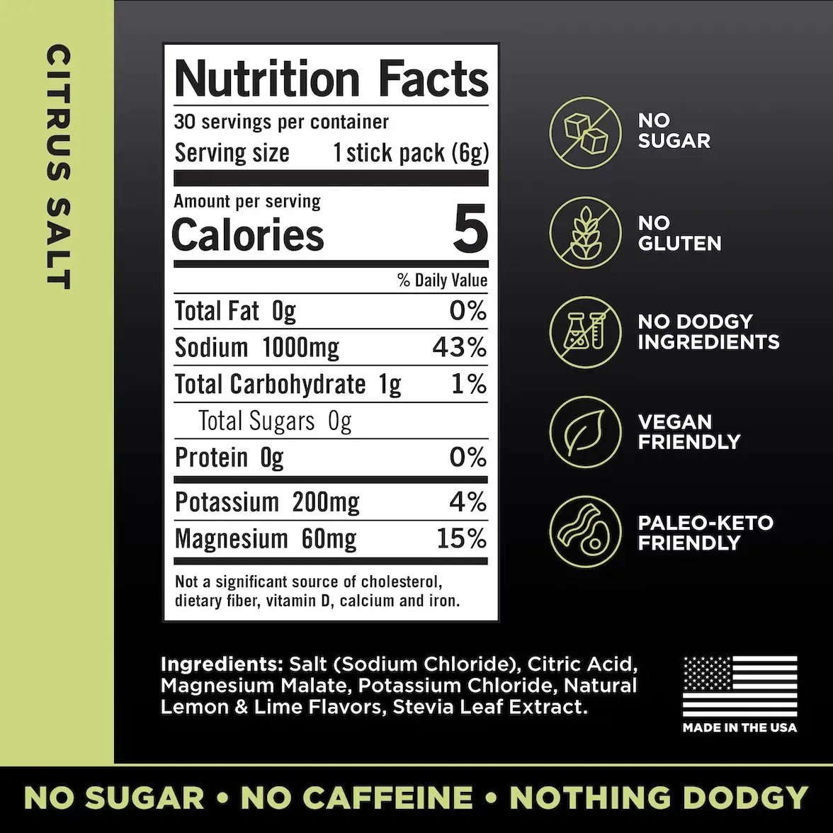 Nutrition facts label and ingredient list for LMNT Citrus Salt Electrolyte Mix - 30 Sticks by LMNT highlighting keto-friendly, vegan, gluten-free, and no sugar claims.
