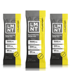 Three packets of LMNT Lemonade Salt Electrolyte Mix - 30 Sticks by LMNT with nutrition highlights including sodium, potassium, and magnesium.