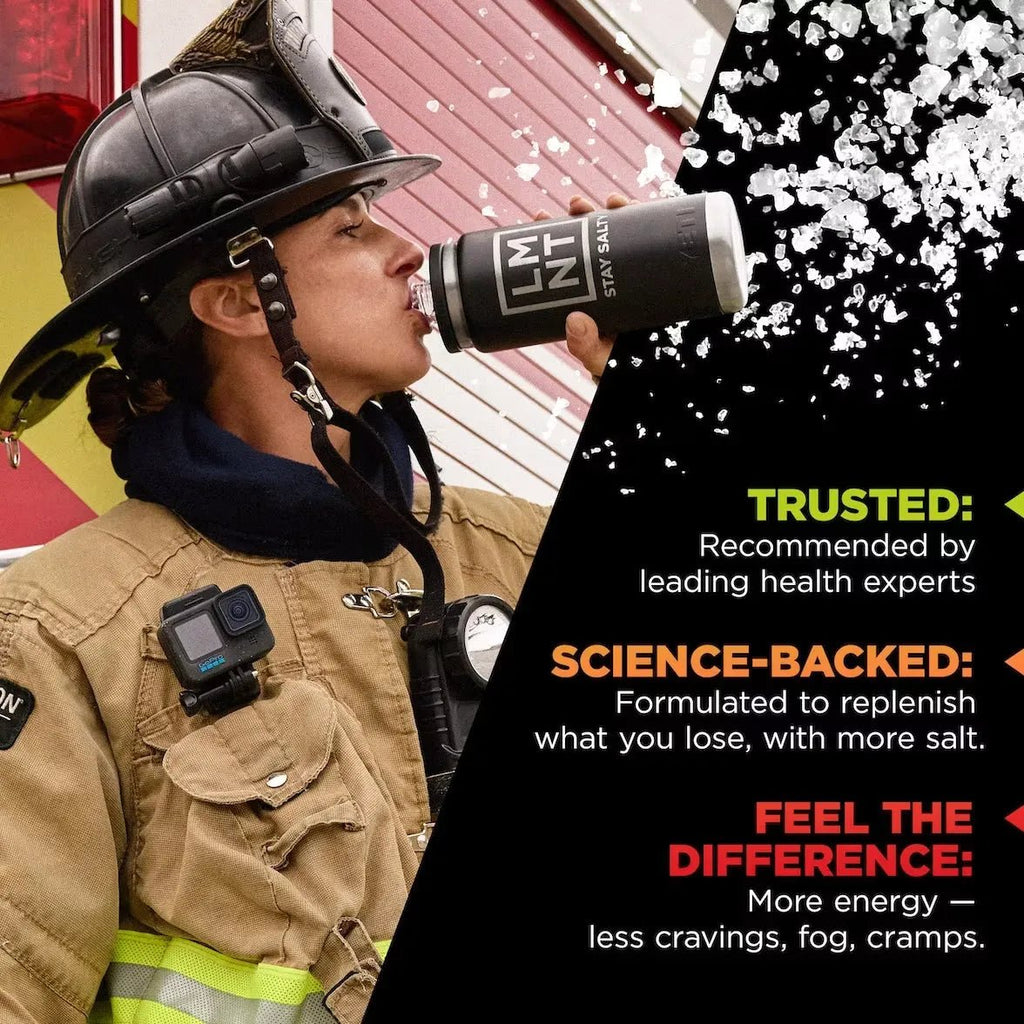 Firefighter in full gear drinking from a container of LMNT Mango Chilli Electrolyte Mix - 30 Sticks by LMNT with text highlighting health expert recommendations and science-backed benefits.