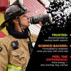 Firefighter in full gear drinking from a container of LMNT Mango Chilli Electrolyte Mix - 30 Sticks by LMNT with text highlighting health expert recommendations and science-backed benefits.