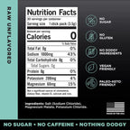 Nutrition facts panel for LMNT Raw Unflavoured Electrolyte Mix - 30 Sticks by LMNT showing zero calories, sugar, and carbs with key minerals and vegan-friendly, keto-approved icons.
