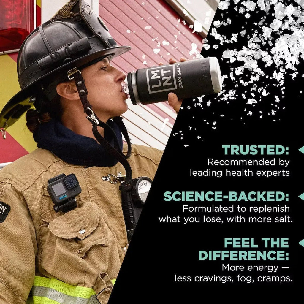 Firefighter drinking LMNT Raw Unflavoured Electrolyte Mix - 30 Sticks with text about science-backed benefits and energy.