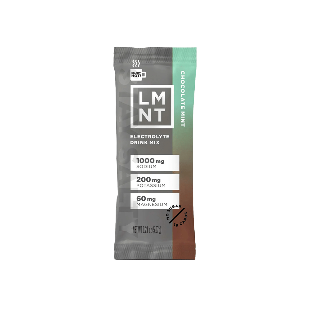 Single stick sachet of LMNT Single Stick electrolyte drink mix in chocolate mint flavor by LMNT with 1000mg sodium, 200mg potassium, and 60mg magnesium for keto and low carb hydration.