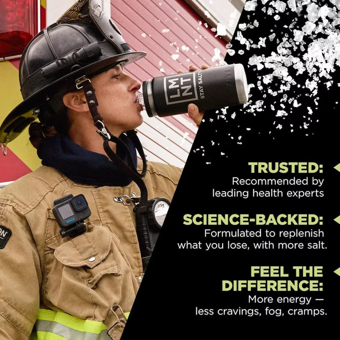 LMNT Variety Pack - 12 Sticks by LMNT shown with a firefighter drinking from a branded bottle, highlighting electrolyte benefits for energy, hydration, and recovery.