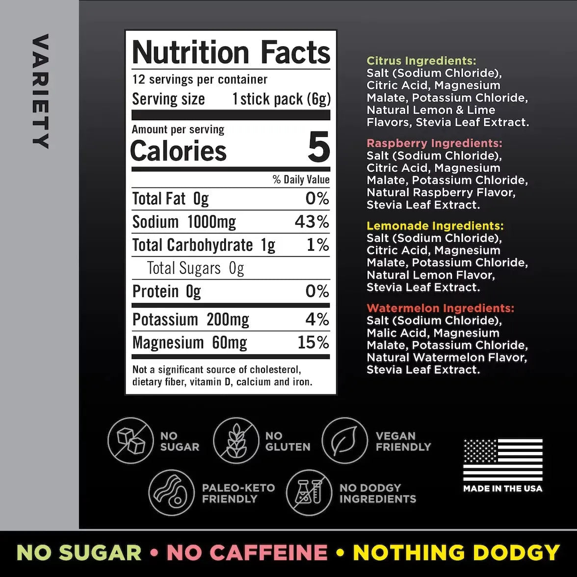 Nutrition facts label for LMNT Variety Pack - 12 Sticks by LMNT showing calories, sodium, potassium, magnesium content, and ingredient list for citrus, raspberry, lemonade, and watermelon flavors with keto-friendly and vegan-friendly icons.