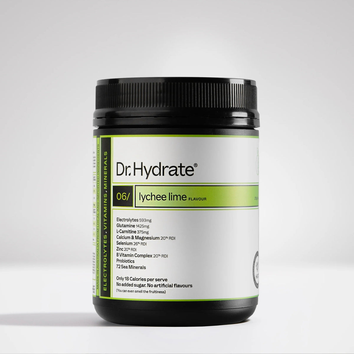 Lychee Lime Jar - 30 Serves by Dr. Hydrate with electrolytes, vitamins, minerals for hydration in a black container