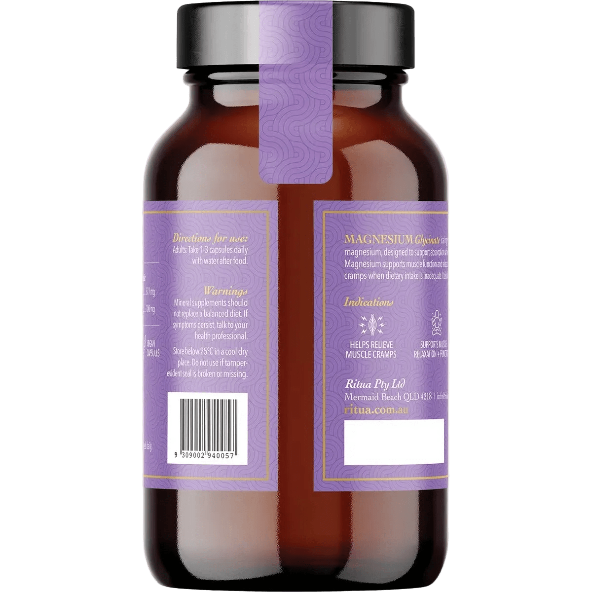 Back of Ritua Magnesium Glycinate - 120 Capsules bottle showing usage directions and warnings in OOS collection.