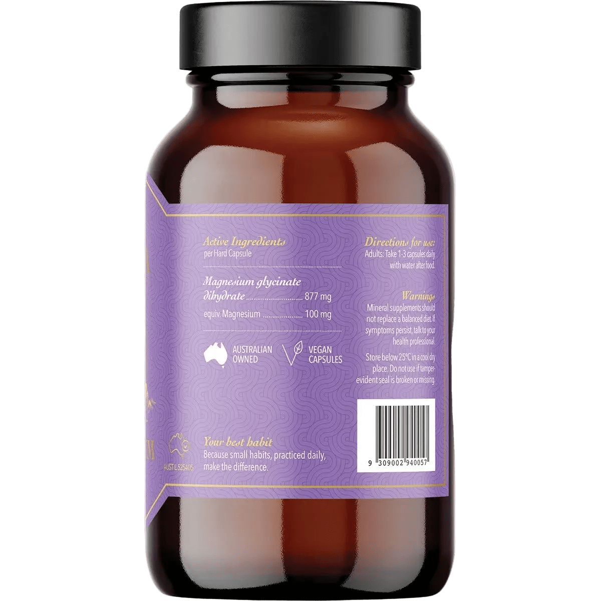 Back of Ritua Magnesium Glycinate - 120 Capsules bottle showing ingredients, directions, and warnings label.