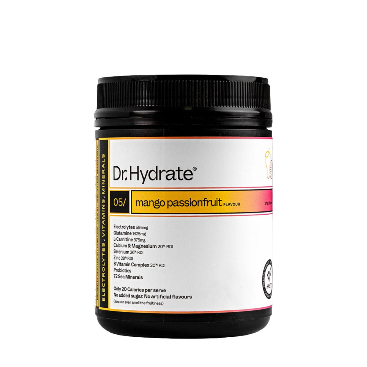 Mango Passionfruit Jar - 30 Serves by Dr. Hydrate, showing electrolyte and vitamin content on white label with black lid