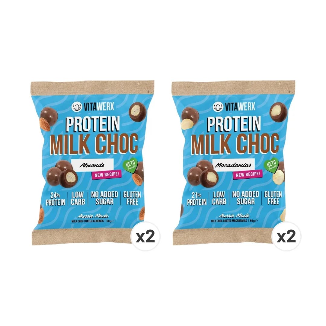 Two packs of Vitawerx Milk Choc Coated Nut Pack with almonds and macadamias, low carb and gluten free snacks.