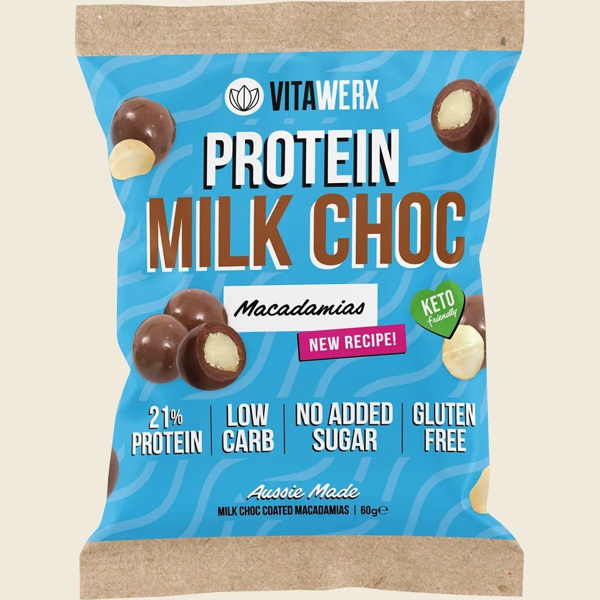 Vitawerx Milk Choc Coated Nut Pack with macadamias, low carb, gluten free, no added sugar, 21% protein snack pack