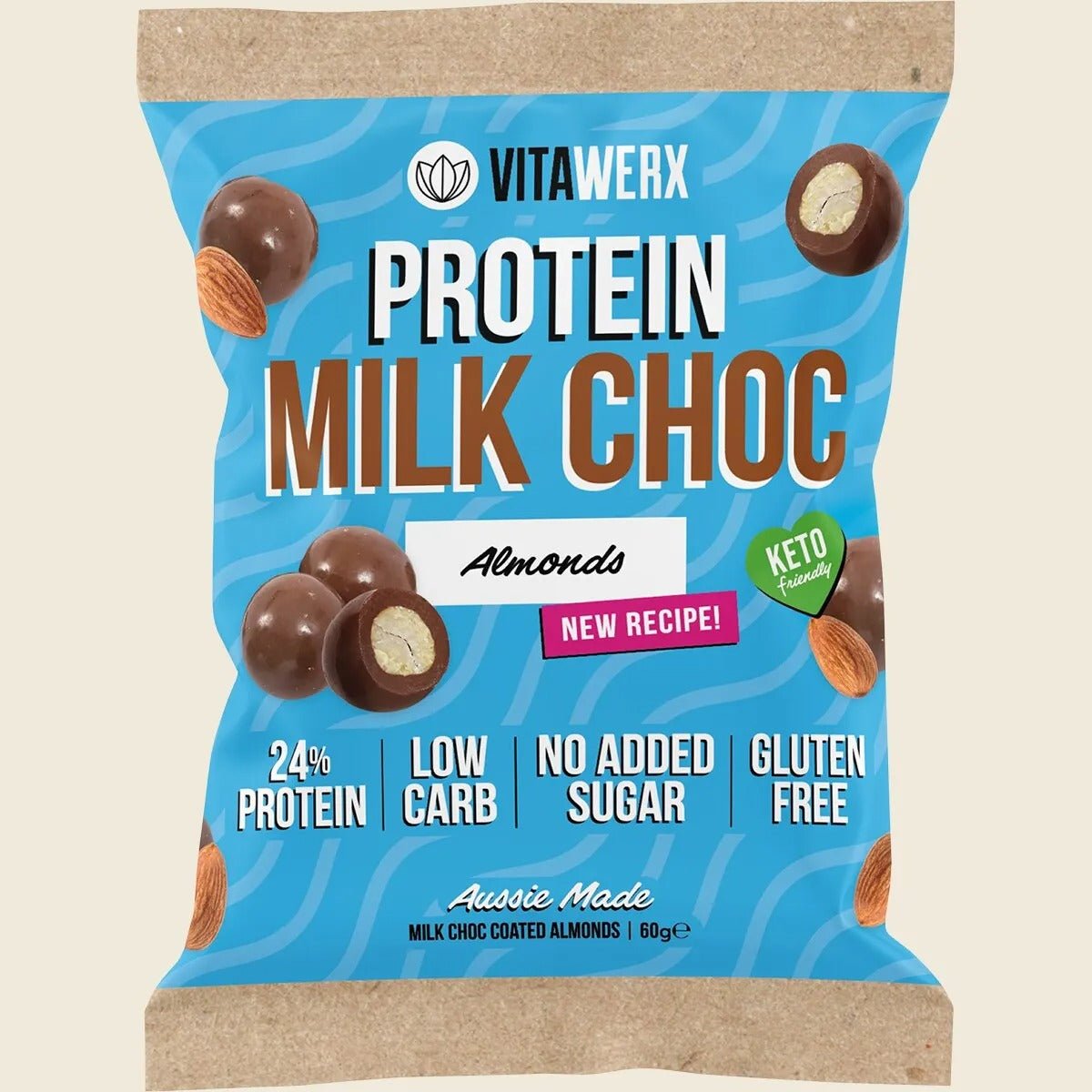 Milk Choc Coated Nut Pack by Vitawerx with protein, low carb, no added sugar, and gluten-free almonds in blue packaging