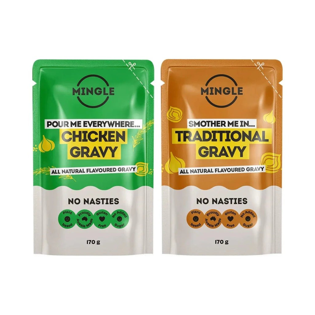Mingle Gravy Duo Pack with Chicken Gravy and Traditional Gravy pouches, from Mingle's Low Carb and Dirty Keto range