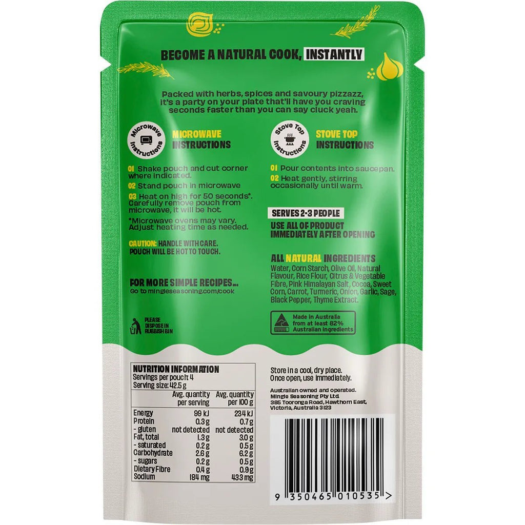 Back of Mingle Gravy Duo Pack pouch showing cooking instructions, ingredients, nutrition facts, and barcode details.