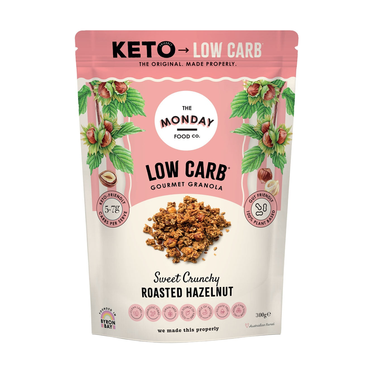 Front of The Monday Food Co Low Carb Gourmet Granola Sweet Crunchy Roasted Hazelnut 300 g bag
