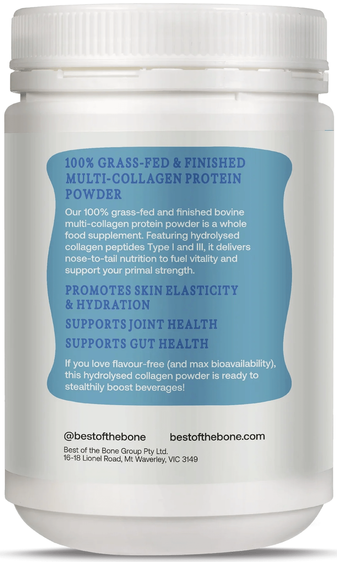 Back label of Multi-collagen Protein Peptides Powder - 500g highlighting benefits for skin, joints, and gut by Best Of The Bone.