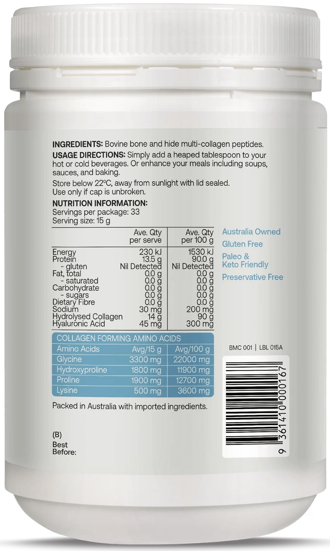 Back label of Multi-collagen Protein Peptides Powder - 500g showing ingredients, usage, nutrition, and amino acids by Best Of The Bone