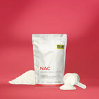 NAC - 100% Pure N-Acetyl L-Cysteine - 100g by Protein Supplies Australia with powder pile and scoop on red background