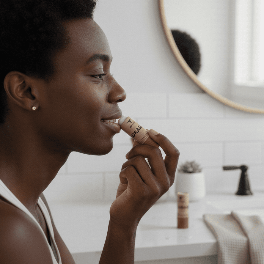Woman applying Bare Bones Beauty Orange Lip Balm - 7g in a bright bathroom with white tiles and mirror reflection.