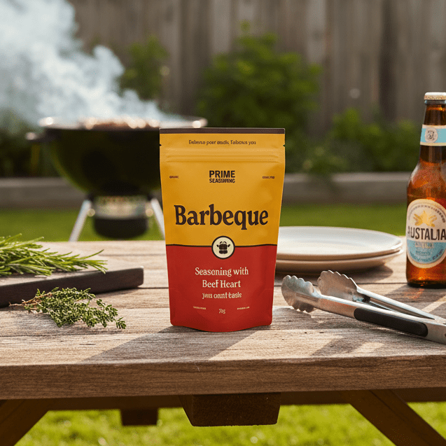 Organic Barbeque Seasoning with Beef Heart on backyard table with BBQ