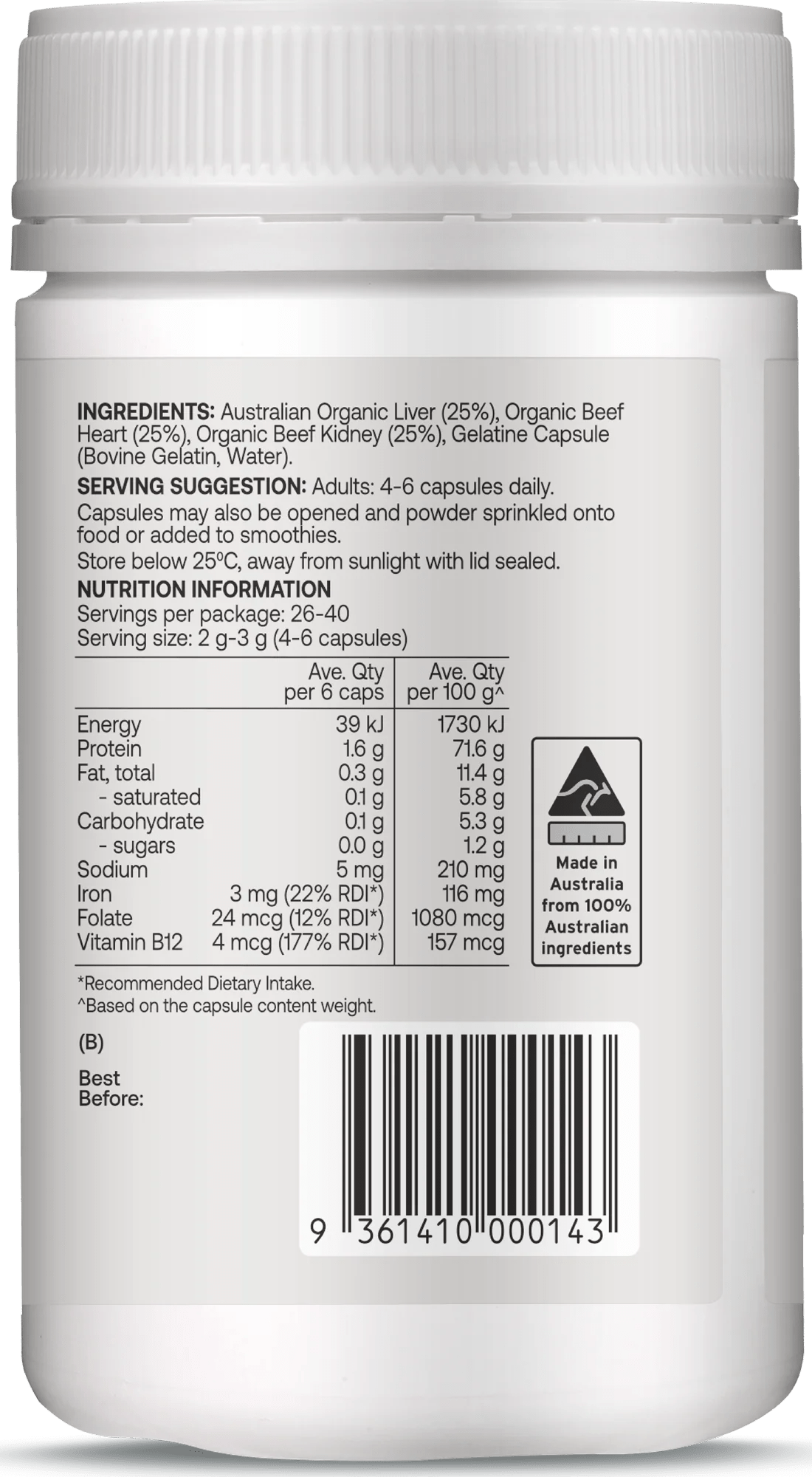 Organic Grass-fed Beef Organ Complex - 160 Capsules