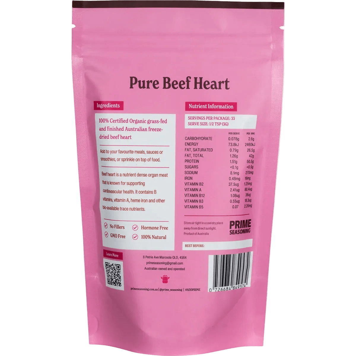 Organic Pure Freeze Dried Beef Heart Powder - 100g - Yo Keto
