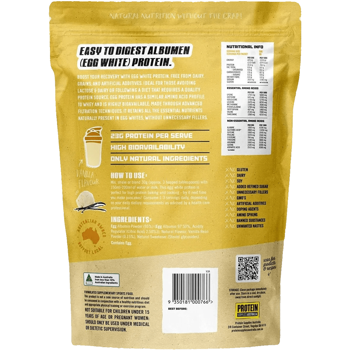 Back of Paleo Pro Vanilla Egg White Protein - 900g bag with nutrition, ingredients, and usage details by Protein Supplies Australia.
