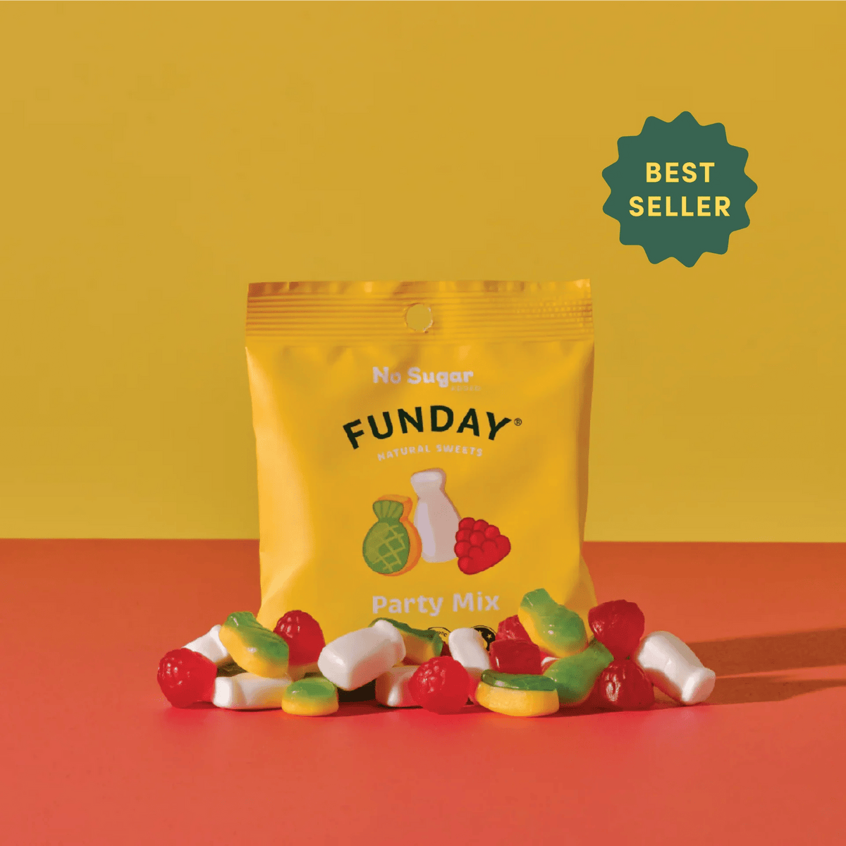 Party Mix - 50g x 12 by Funday in bright yellow bag with assorted gummies from Sweet Snacks and Lollies collections