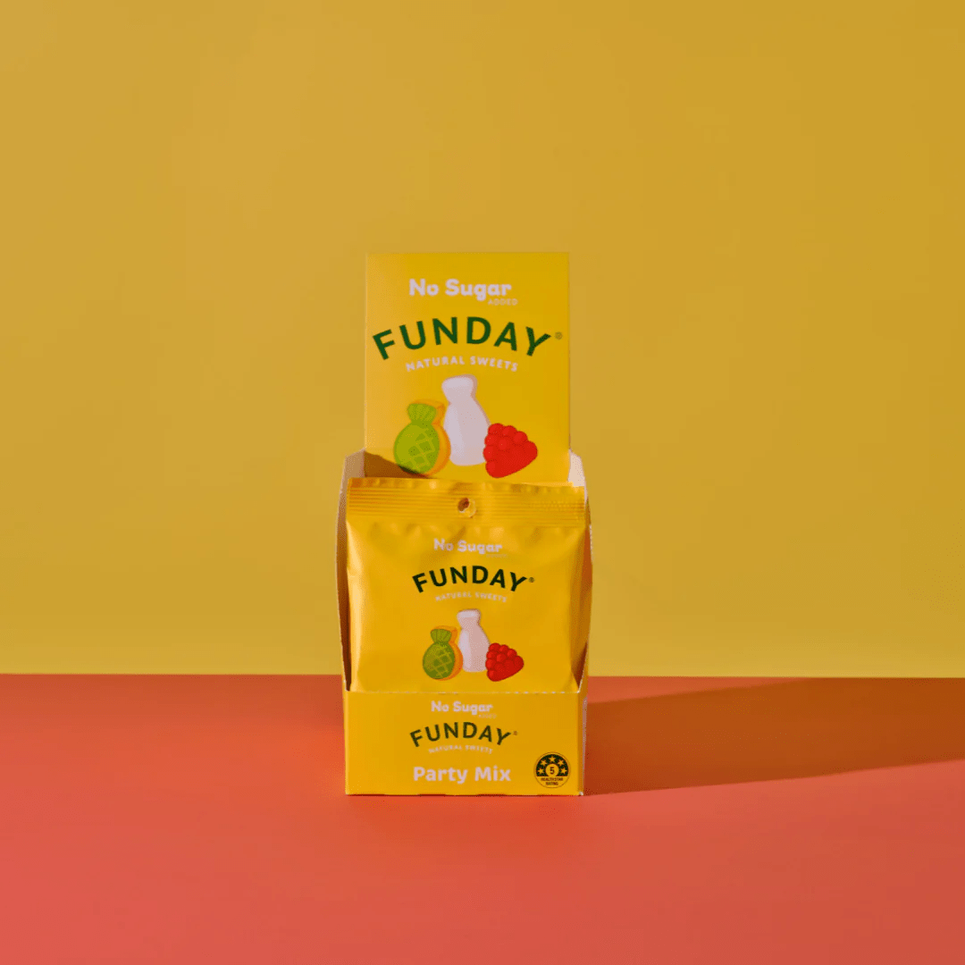 Party Mix - 50g x 12 by Funday in bright yellow packaging with no sugar label and fruit illustrations