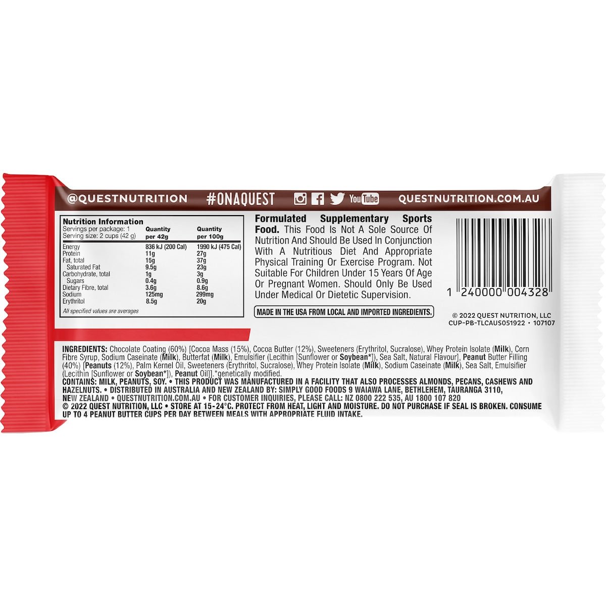 Back label of Peanut Butter Cups x 12 by Quest Nutrition with nutrition facts, ingredients, and allergen warnings visible in white packaging.