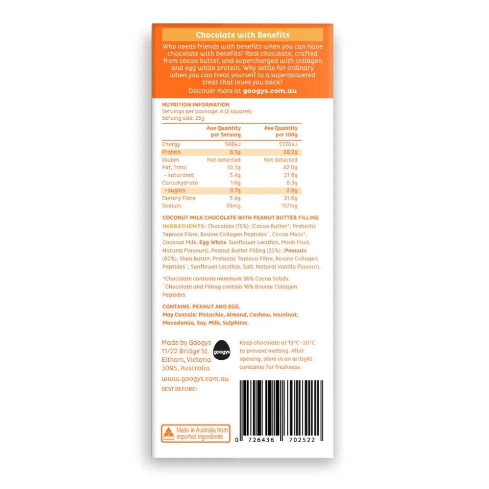 Peanut Butter Protein Chocolate Bar - 100g nutrition and ingredients label by Googys with Australian family business info.