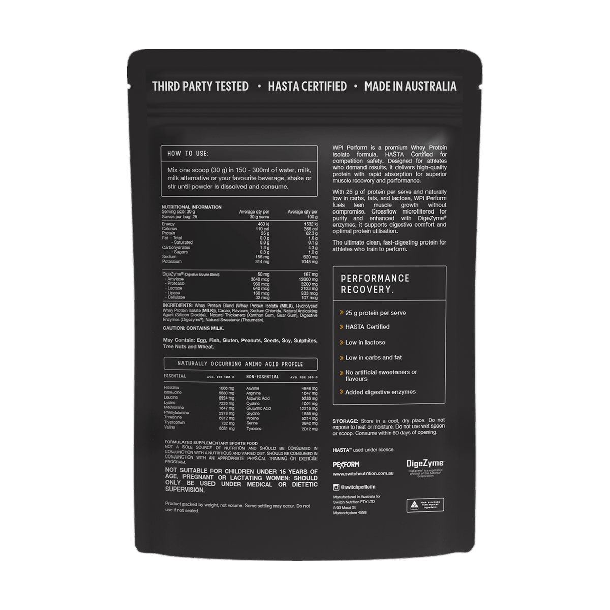 Back of the Switch Nutrition Whey Protein Isolate Perform Chocolate 750 g pouch with directions, nutrition information and ingredients
