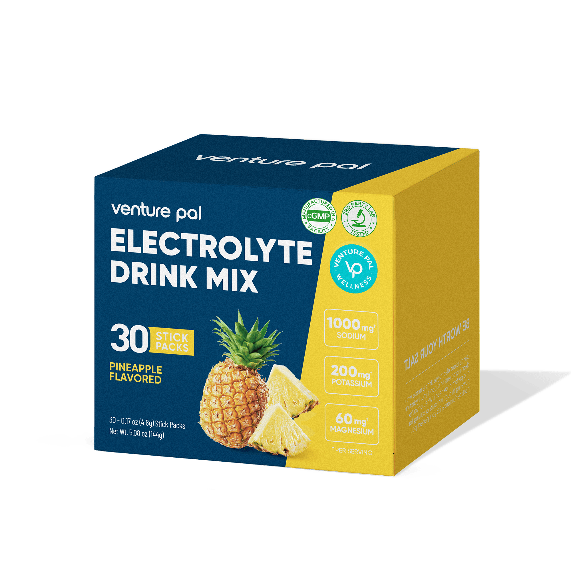 Venture Pal Pineapple Electrolyte Drink Mix - 30 Sticks box with 1000mg sodium, 200mg potassium, and 60mg magnesium.