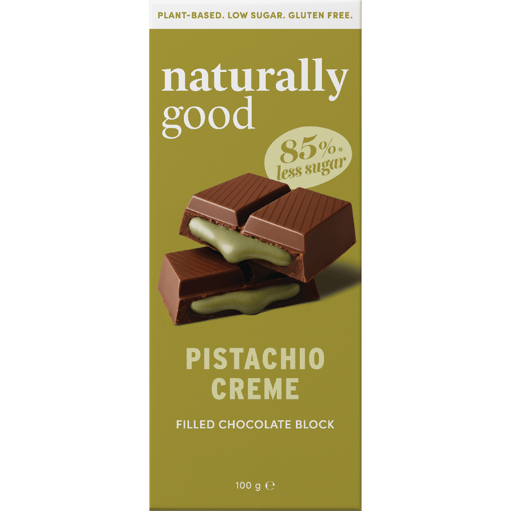 Naturally Good Filled Chocolate Block Bundle featuring pistachio creme-filled chocolate with low sugar and plant-based ingredients