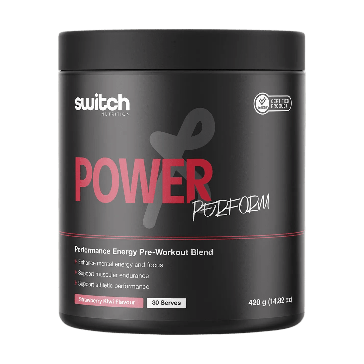 Front of the Switch Nutrition Power Perform Pre-Workout Blend Strawberry Kiwi 420 g tub