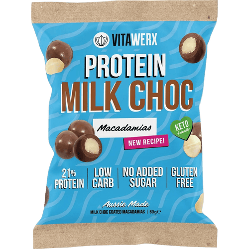 Protein Milk Choc Coated Macadamias- 60g by Vitawerx, low carb, gluten free sweet snack with 21% protein.