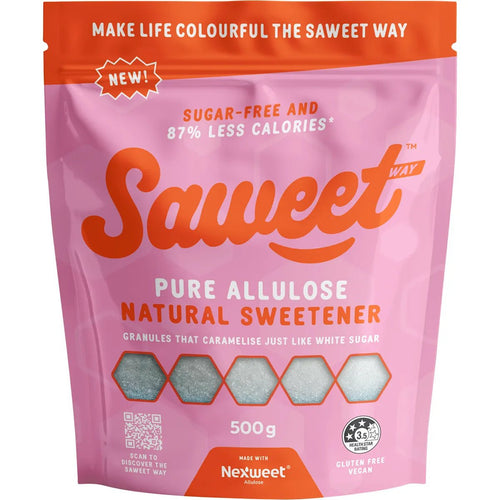 Pure Allulose Natural Sweetener Granules - 500g by Saweet Way in pink resealable pouch with product and nutrition details visible
