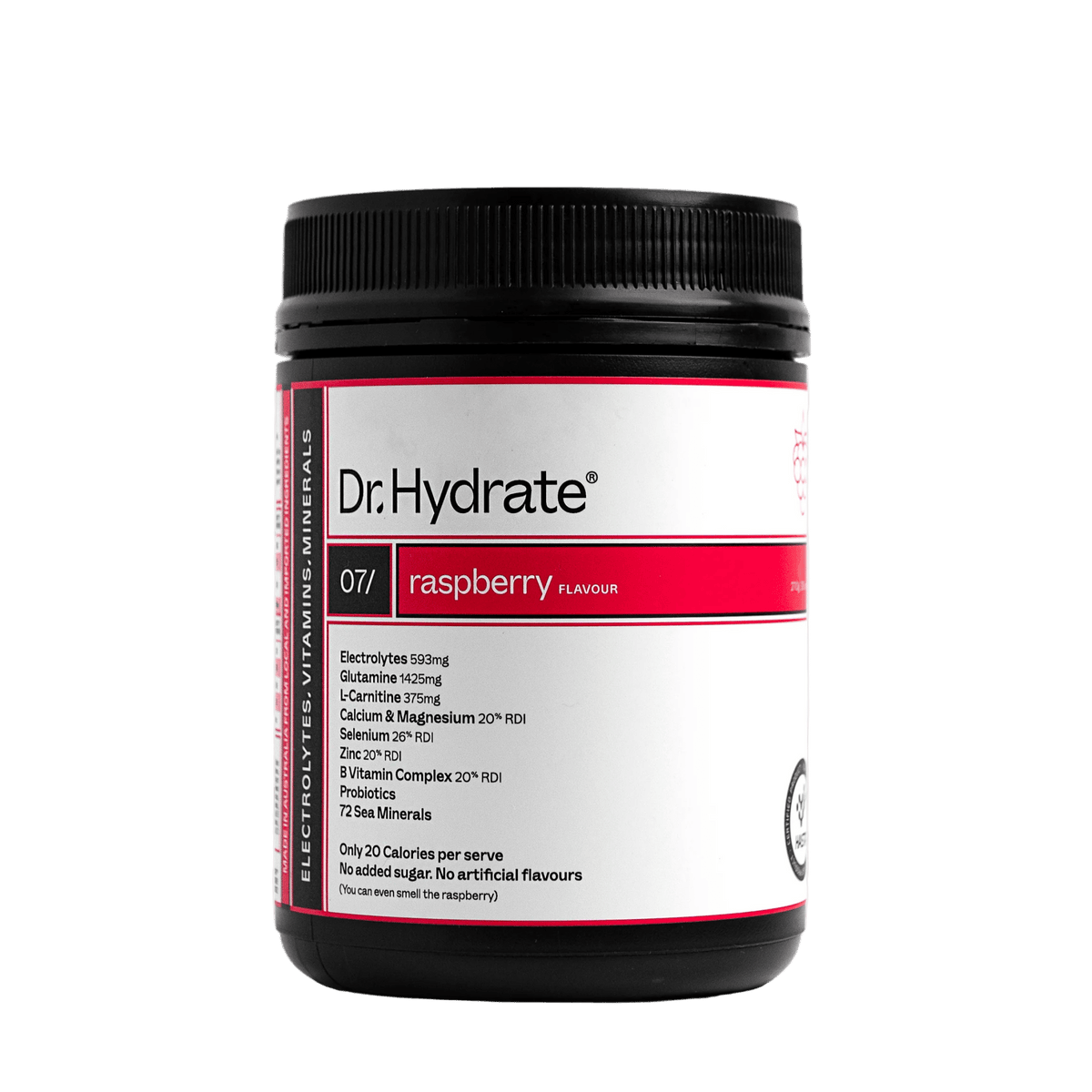 Raspberry Jar - 30 Serves by Dr. Hydrate, electrolyte powder with vitamins, minerals, and probiotics for hydration support.