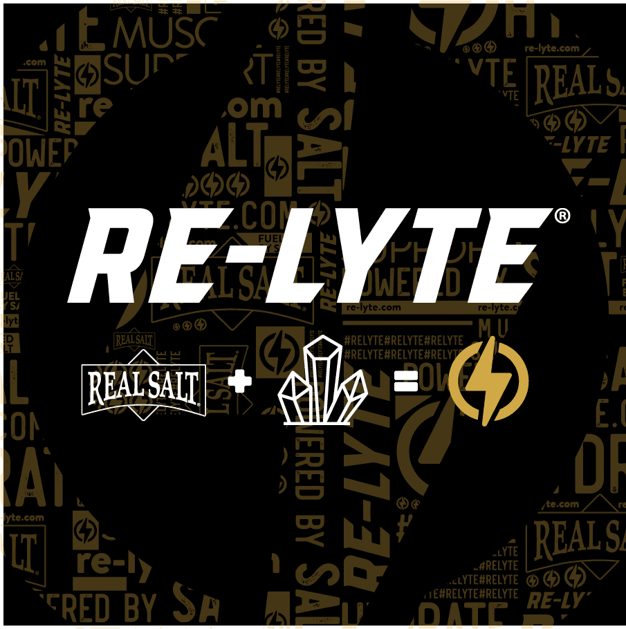 Re-Lyte Electrolyte Mix - Chocolate - Pouch - 45 Serves - Limited Edition logo with real salt and crystal graphics on black background.