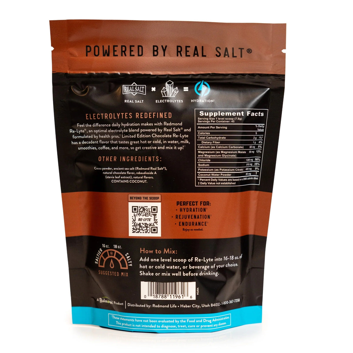 Re-Lyte Electrolyte Mix - Chocolate - Pouch - 45 Serves - Limited Edition showing nutritional info and mixing instructions on back packaging