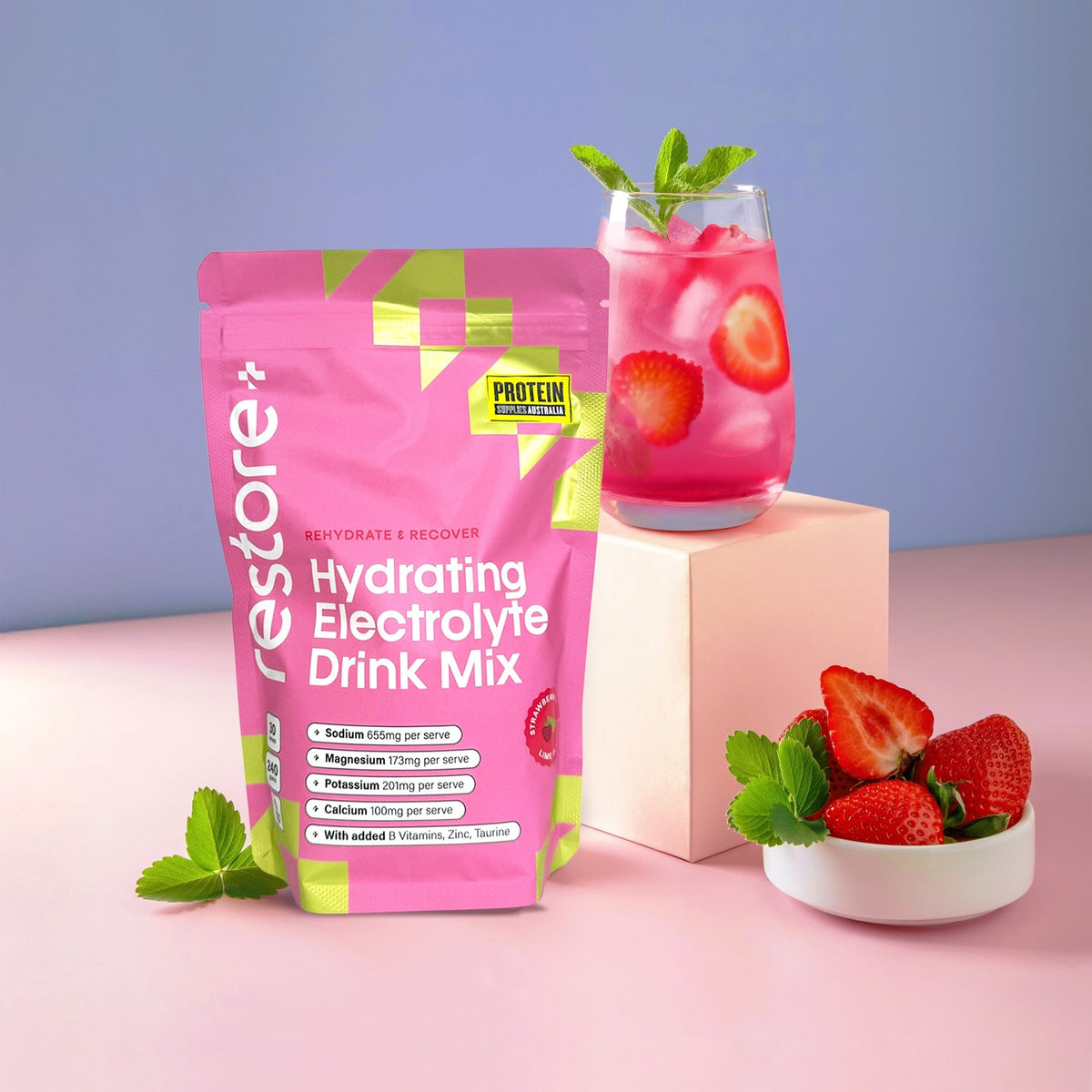 Restore Electrolyte Drink Mix Strawberry & Lime 240g by Protein Supplies Australia with fresh strawberries and refreshing drink.