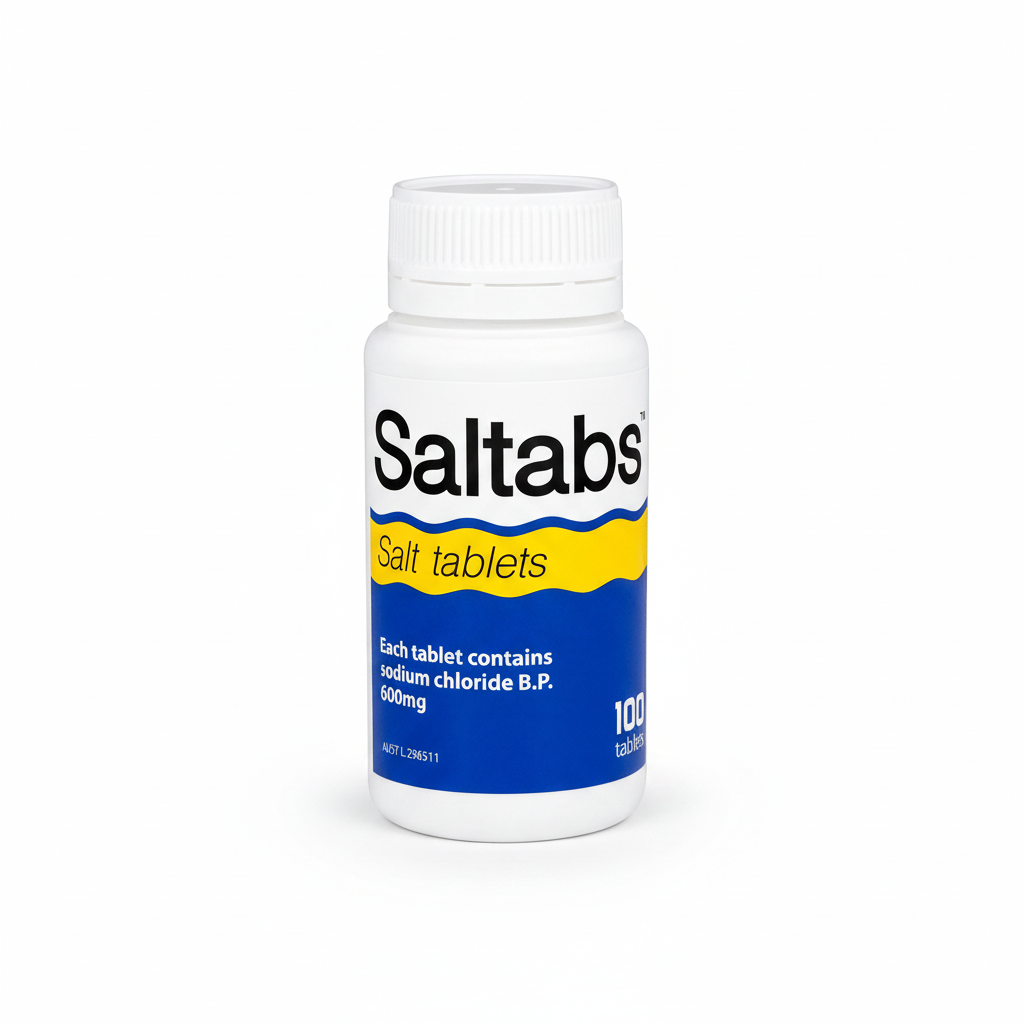 A white plastic bottle of Saltabs salt tablets with a white cap, featuring a label with blue and yellow sections and black text.