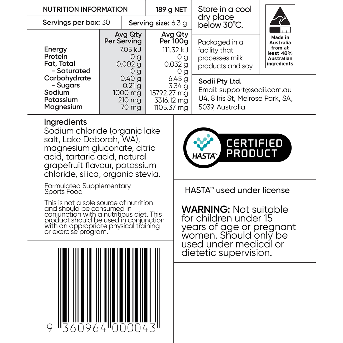 Nutrition label and ingredient details for Salty Grapefruit - 30 Sachets by Sodii, a certified functional electrolyte product.