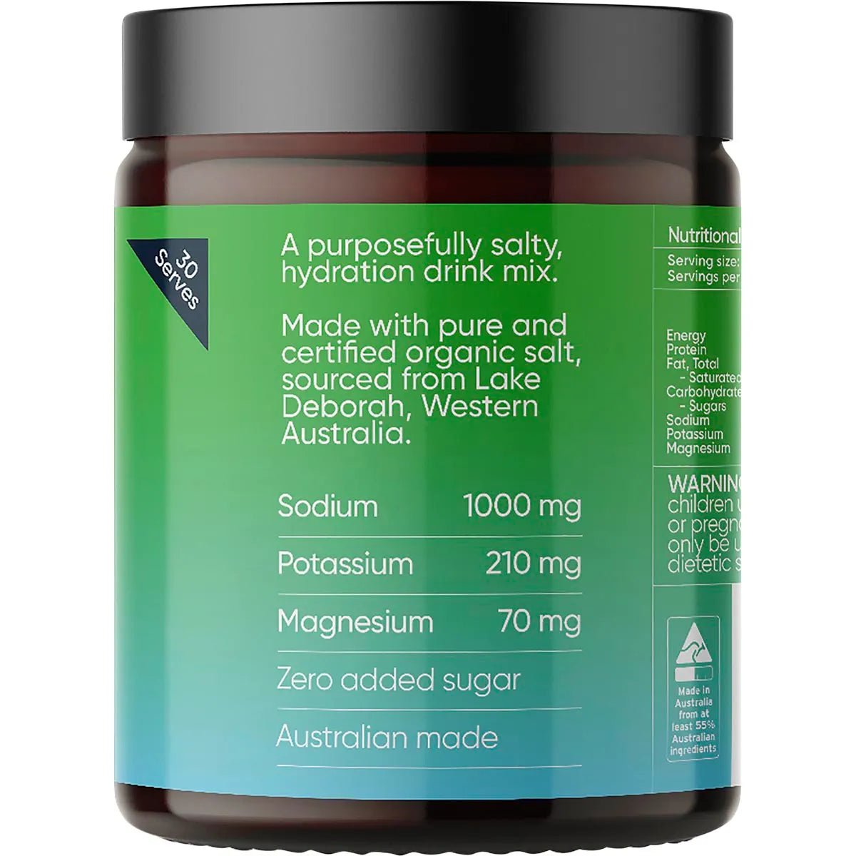 Back label of Salty Kiwi - 30 Serve Tub by Sodii showing electrolyte content and hydration mix details on blue-green gradient tub.