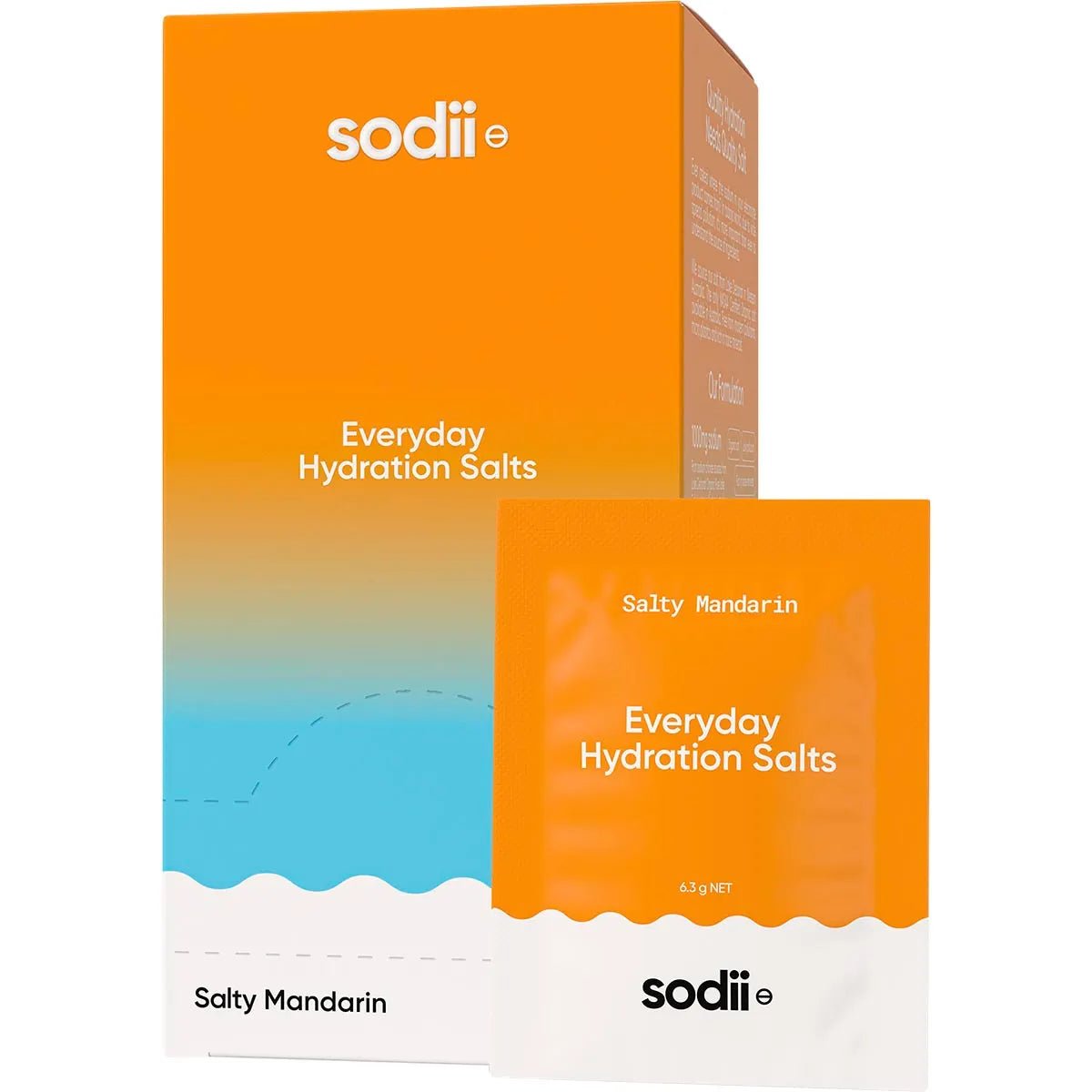 Salty Mandarin - 30 Sachets by Sodii with Everyday Hydration Salts in orange and white packaging for electrolyte drinks