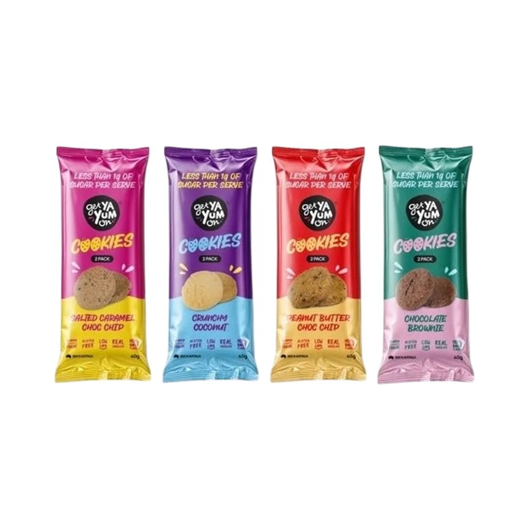 Sample Bundle by Get Ya Yum On featuring low carb cookies in salted caramel, coconut, peanut butter, and chocolate brownie flavors.