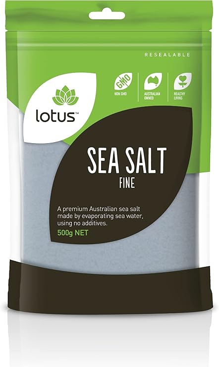 Lotus sea salt packaging with green and brown design on a white background