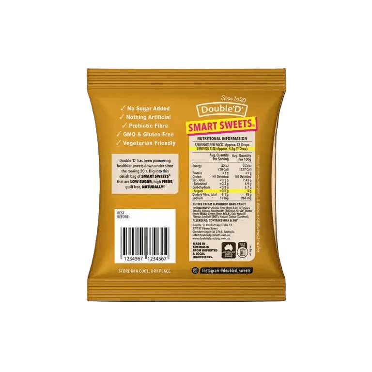 Smart Sweets - Butterscotch Drops - 50g back packaging showing nutritional info by Double D, gluten free and low carb.