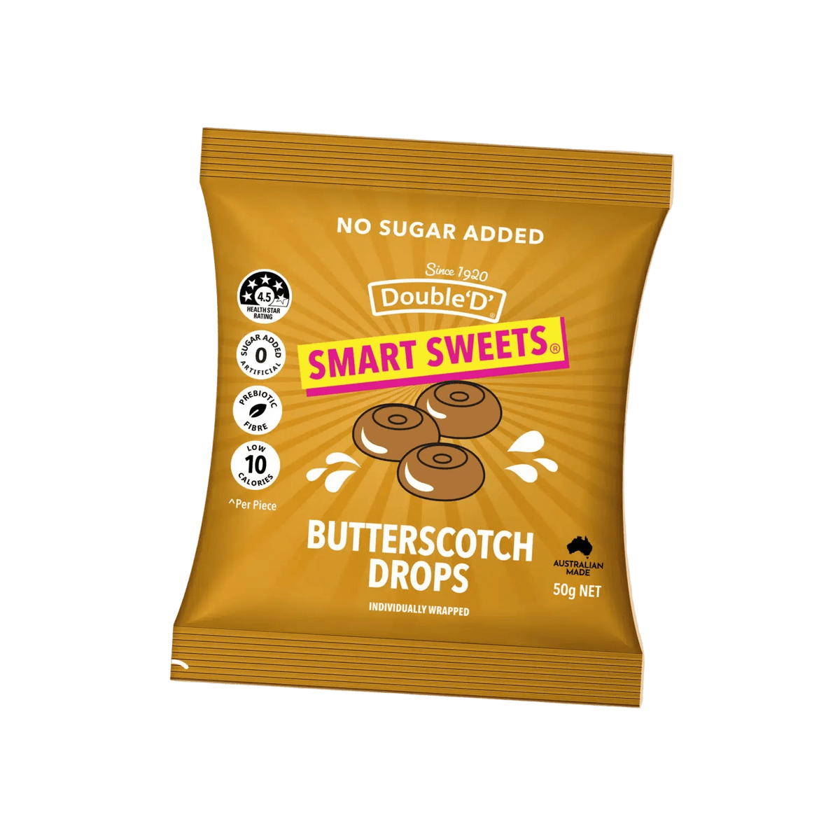 Smart Sweets - Butterscotch Drops - 50g by Double D, low sugar, gluten free sweet snack from Drops collection.